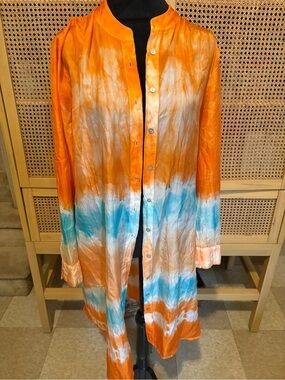Soft Surroundings Silk Tie Dye Long Button Shirt Top CoverUp Resort Cruise Sz M